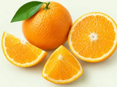 Orange entière avec sa feuille, demi-orange et quartiers d'orange