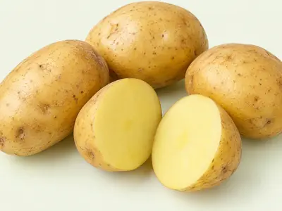 Quatre pommes de terre à la peau dorée, dont une coupée en deux montrant la chair jaune pâle