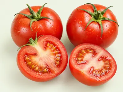 Deux tomates rouges entières et une tomate coupée en deux