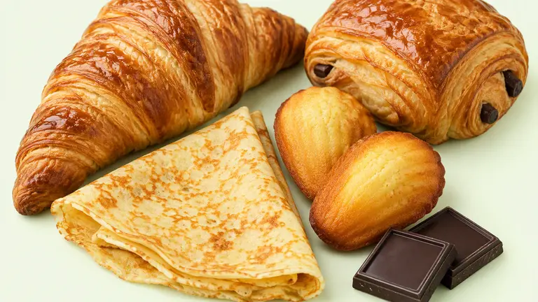 Croissant, pain au chocolat, crêpe pliée, madeleines et carrés de chocolat noir