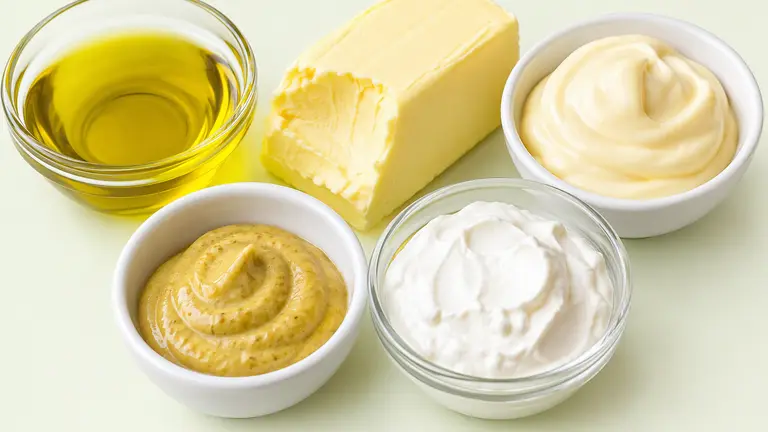 Huile d'olive, beurre, mayonnaise, moutarde et crème fraîche