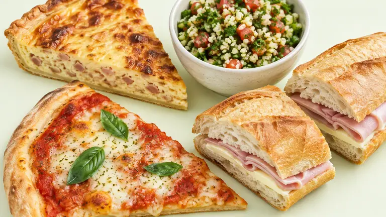 Part de quiche lorraine, part de pizza, taboulé et sandwich jambon-beurre