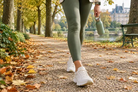 Pieds d'une personne en baskets blanches marchant sur un chemin de parc couvert de feuilles d'automne