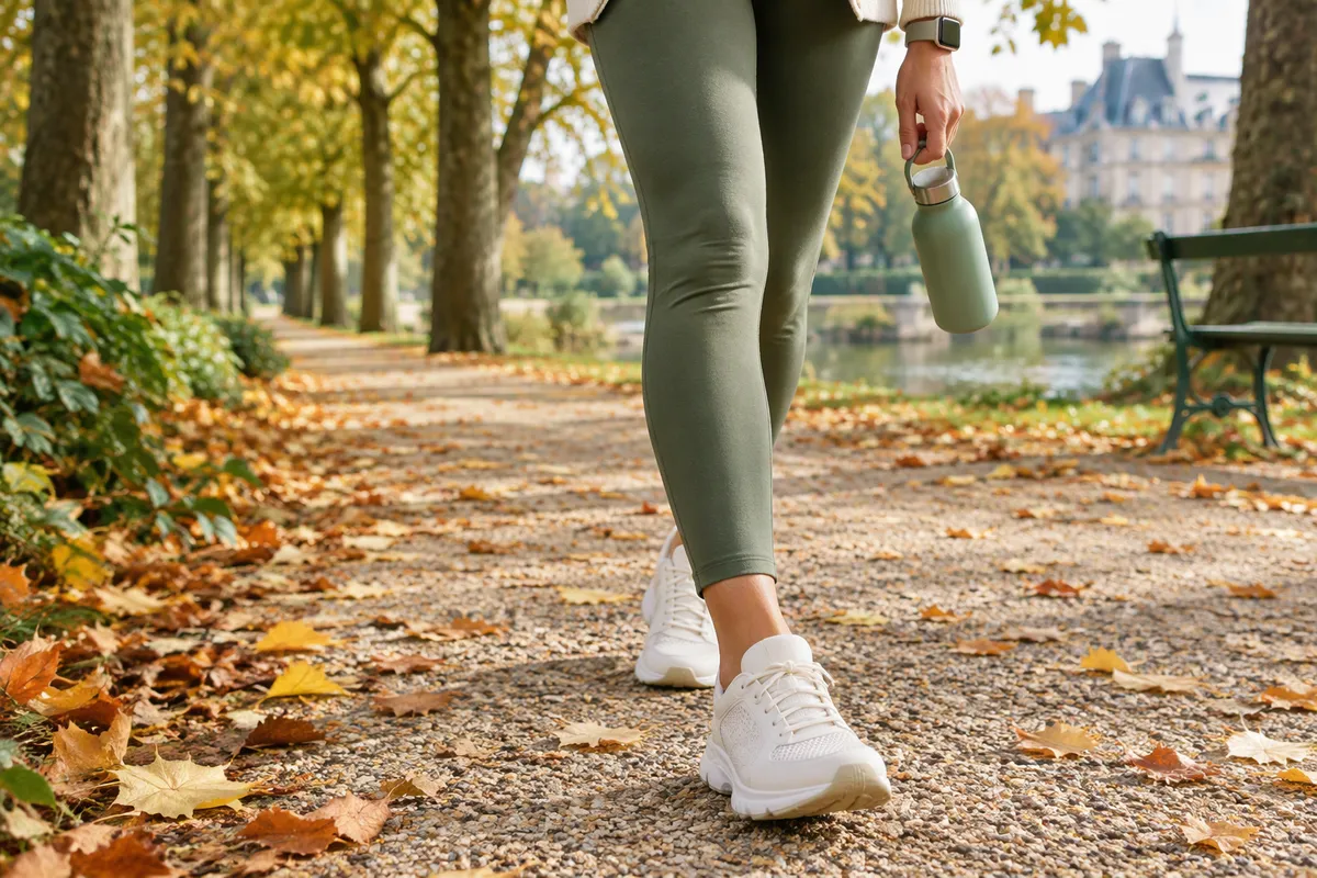 Pieds d'une personne en baskets blanches marchant sur un chemin de parc couvert de feuilles d'automne