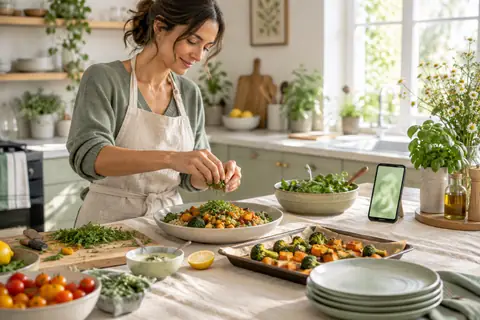 Femme préparant un dîner équilibré, son téléphone posé sur le plan de travail