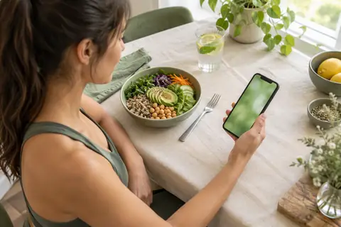Femme en tenue de sport consultant son téléphone à côté d'un bol healthy