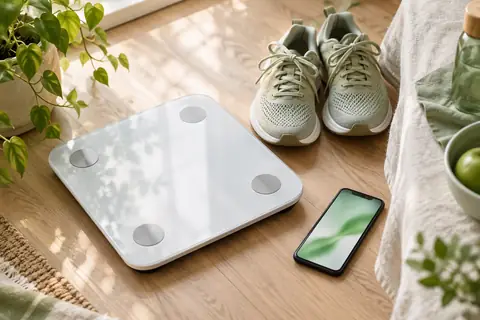 Balance, baskets et téléphone posés sur un parquet clair