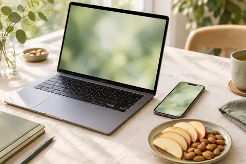 Ordinateur portable et téléphone à côté d'une assiette de pomme et d'amandes
