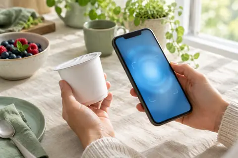 Main scannant un pot de yaourt avec un téléphone dans une cuisine