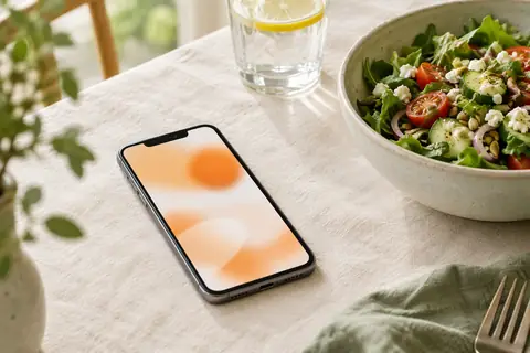 Téléphone posé sur une table à côté d'un bol de salade