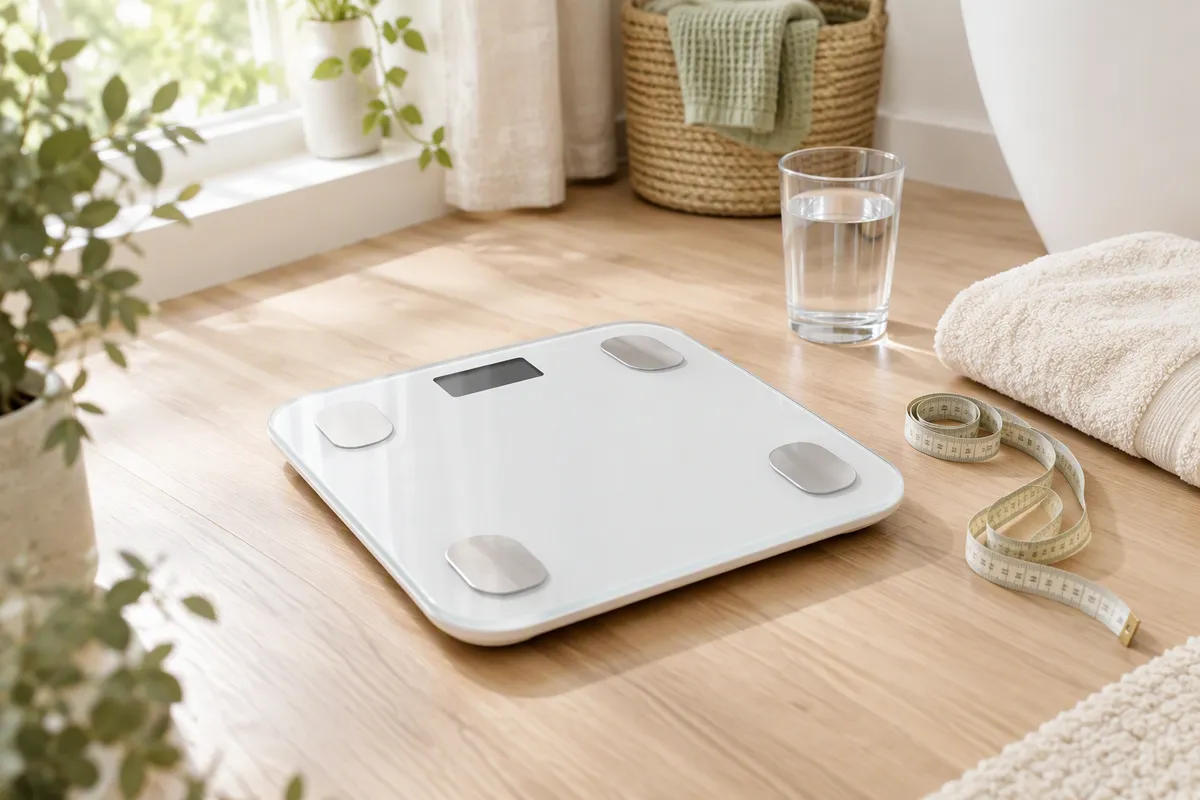 Balance impédancemètre en verre blanc avec ses électrodes métalliques, posée sur un parquet clair à côté d'une serviette, d'un mètre ruban et d'un verre d'eau