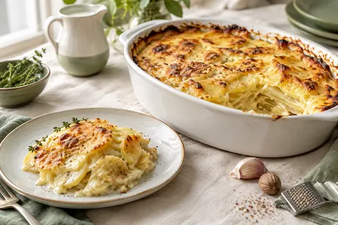 Gratin dauphinois gratiné dans un plat ovale blanc, une part servie avec un brin de thym, un pichet de lait, une gousse d'ail, une noix de muscade et une râpe sur une nappe en lin