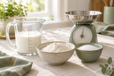 Verre doseur gradué rempli de lait à côté d'un bol de farine et d'une balance de cuisine
