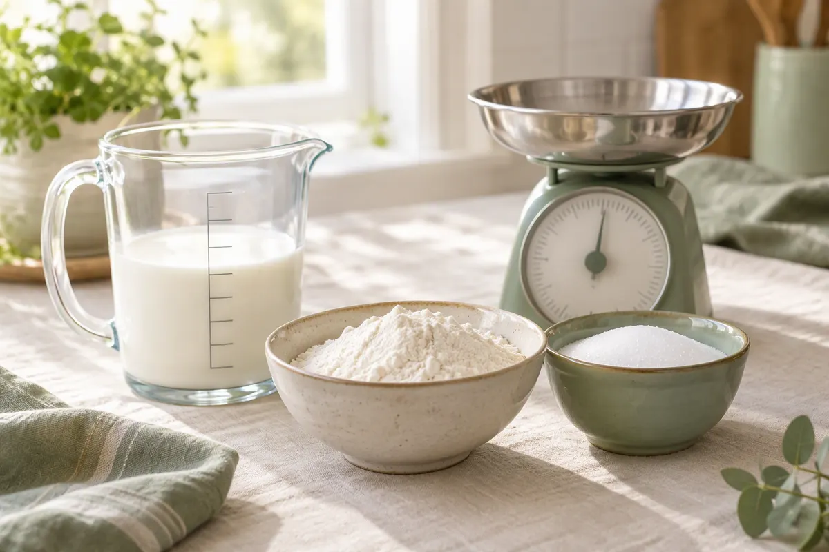 Verre doseur gradué rempli de lait à côté d'un bol de farine et d'une balance de cuisine
