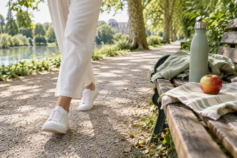 Jambes d'une personne en baskets blanches marchant sur une allée de parc ensoleillée, avec une gourde posée sur un banc en bois