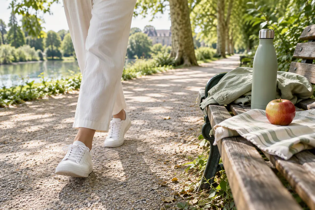 Jambes d'une personne en baskets blanches marchant sur une allée de parc ensoleillée, avec une gourde posée sur un banc en bois