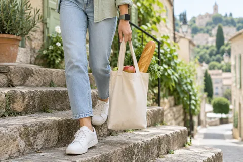 Personne en baskets blanches descendant un escalier de pierre dans un village, montre connectée au poignet et sac de courses avec baguette et pommes, des pas du quotidien qui comptent dans la journée