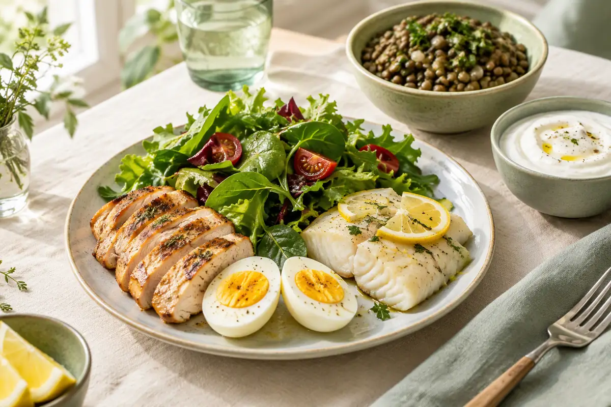 Aliments riches en protéines : poulet, œufs durs, lentilles, fromage blanc et cabillaud