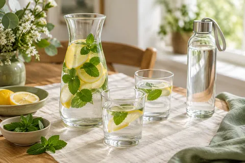 Carafe d'eau avec des rondelles de citron et des feuilles de menthe, à côté de deux verres et d'une gourde en verre sur une nappe en lin