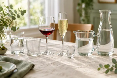 Verres de tailles différentes alignés sur une nappe en lin : gobelet d'eau, verre strié, verre à vin rouge, flûte de champagne et petit verre à shot, à côté d'un pichet et d'une carafe d'eau pour comparer leur contenance