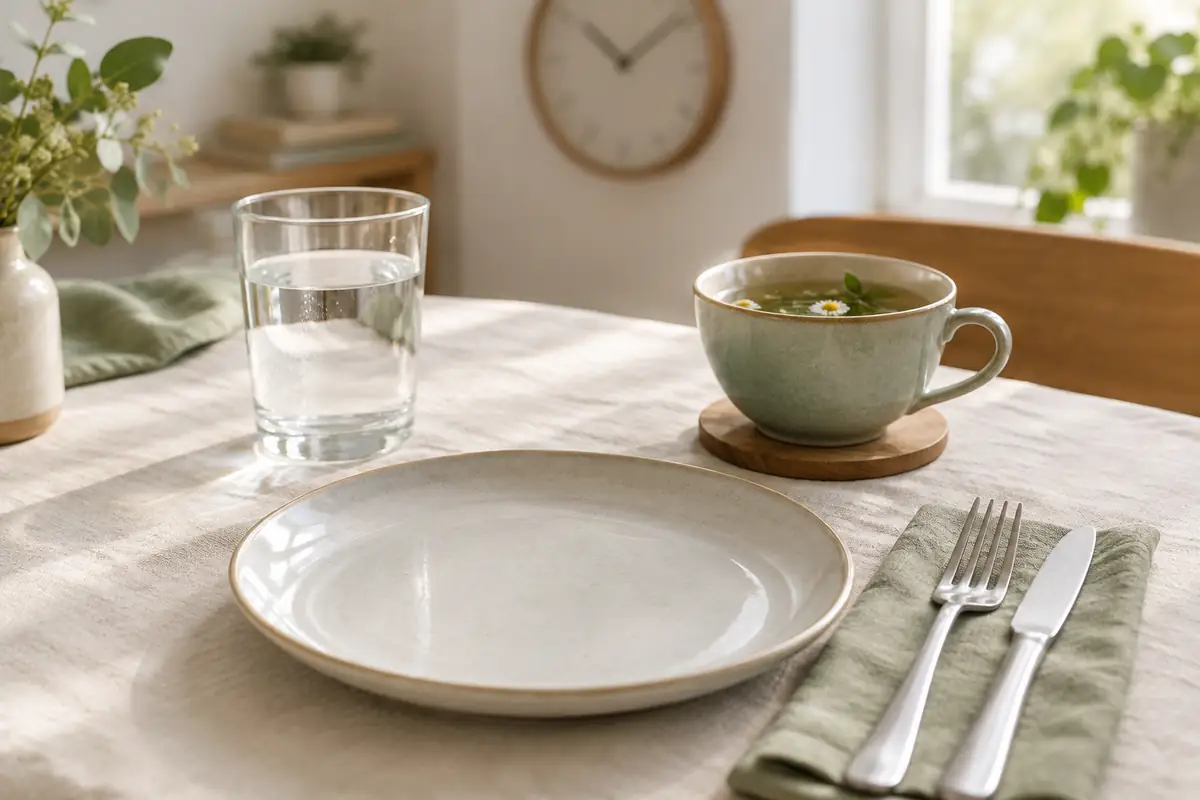 Verre d'eau, tasse de thé et assiette vide devant une horloge