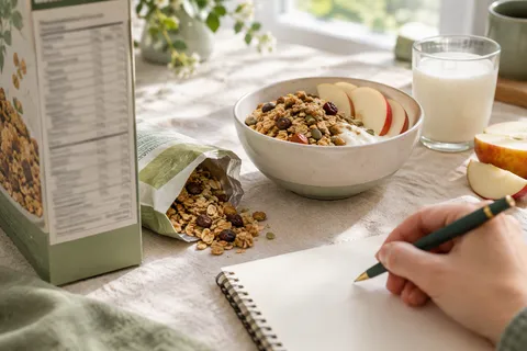 Bol de granola au yaourt et pommes coupées près d'un verre de lait et d'un paquet de céréales avec son étiquette nutritionnelle, une main note la conversion des kJ en kcal dans un carnet