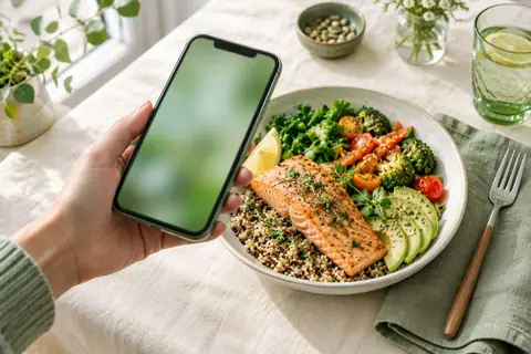 Main tenant un téléphone au-dessus d'un bol de saumon, quinoa et légumes
