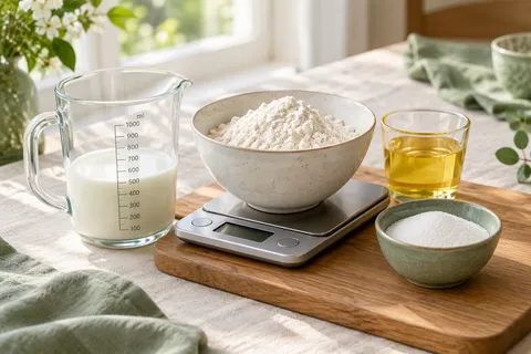 Verre doseur gradué en millilitres rempli de lait, bol de farine posé sur une balance de cuisine, verre d'huile et bol de sucre sur une planche en bois