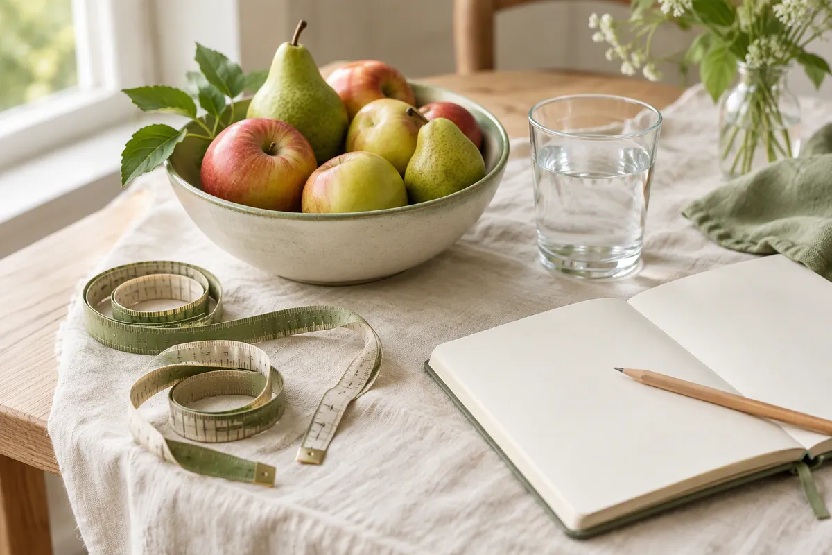 Mètre ruban de couturière vert sauge enroulé sur une nappe en lin, à côté d'une coupe de pommes et de poires, d'un verre d'eau et d'un carnet ouvert, pour illustrer le poids idéal selon la taille