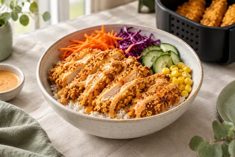 Bol de riz garni de lamelles de poulet pané croustillant, carotte râpée, chou rouge, concombre et maïs, avec une sauce orangée et un panier d'airfryer en arrière-plan