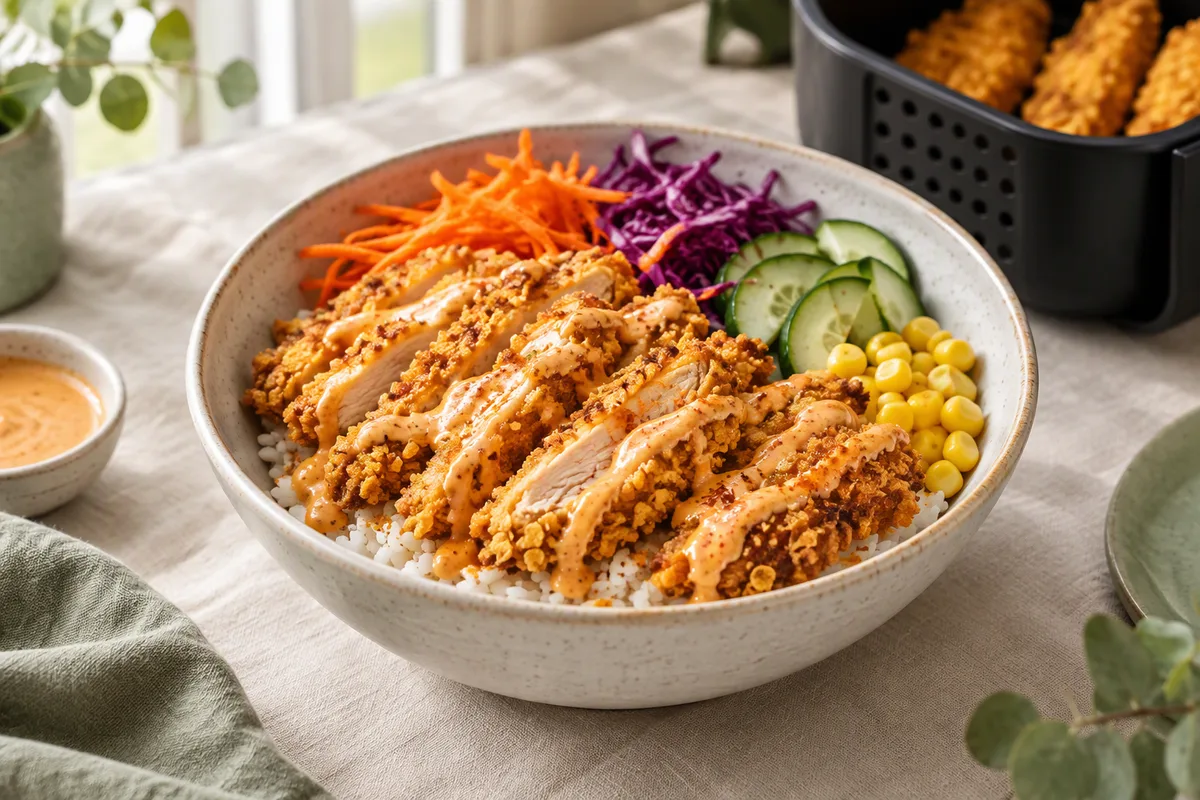 Bol de riz garni de lamelles de poulet pané croustillant, carotte râpée, chou rouge, concombre et maïs, avec une sauce orangée et un panier d'airfryer en arrière-plan