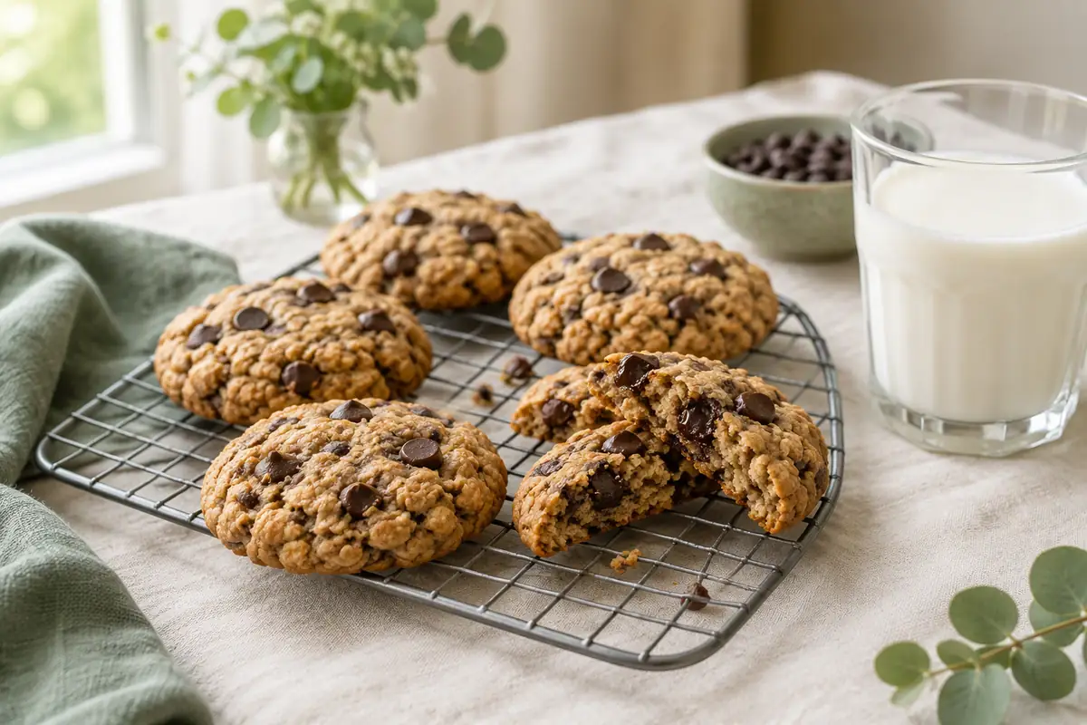 Cookies protéinés aux flocons d'avoine et pépites de chocolat sur une grille