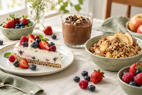 Desserts healthy : gâteau aux fruits rouges, mousse au chocolat et crumble aux pommes