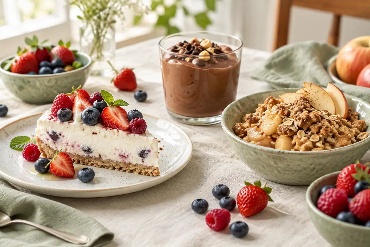 Desserts healthy : gâteau aux fruits rouges, mousse au chocolat et crumble aux pommes