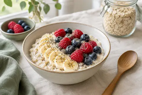Bol de porridge aux flocons d'avoine, banane, framboises, myrtilles et graines de chia