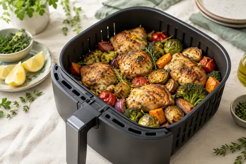 Poulet et légumes rôtis dans le panier d'un air fryer