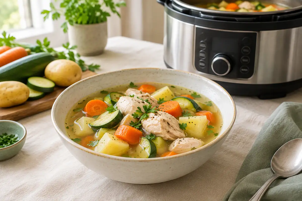 Bol de poulet et légumes mijotés en bouillon devant un multicuiseur