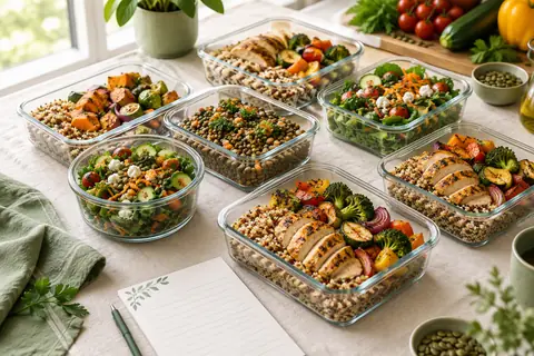 Boîtes de meal prep avec quinoa, poulet grillé, légumes rôtis et lentilles
