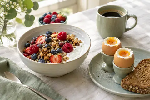 Petit-déjeuner protéiné : skyr au granola et fruits rouges, œufs mollets et pain complet