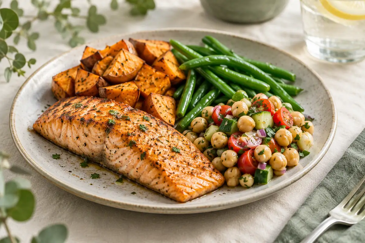 Assiette de saumon grillé, patate douce rôtie, haricots verts et salade de pois chiches