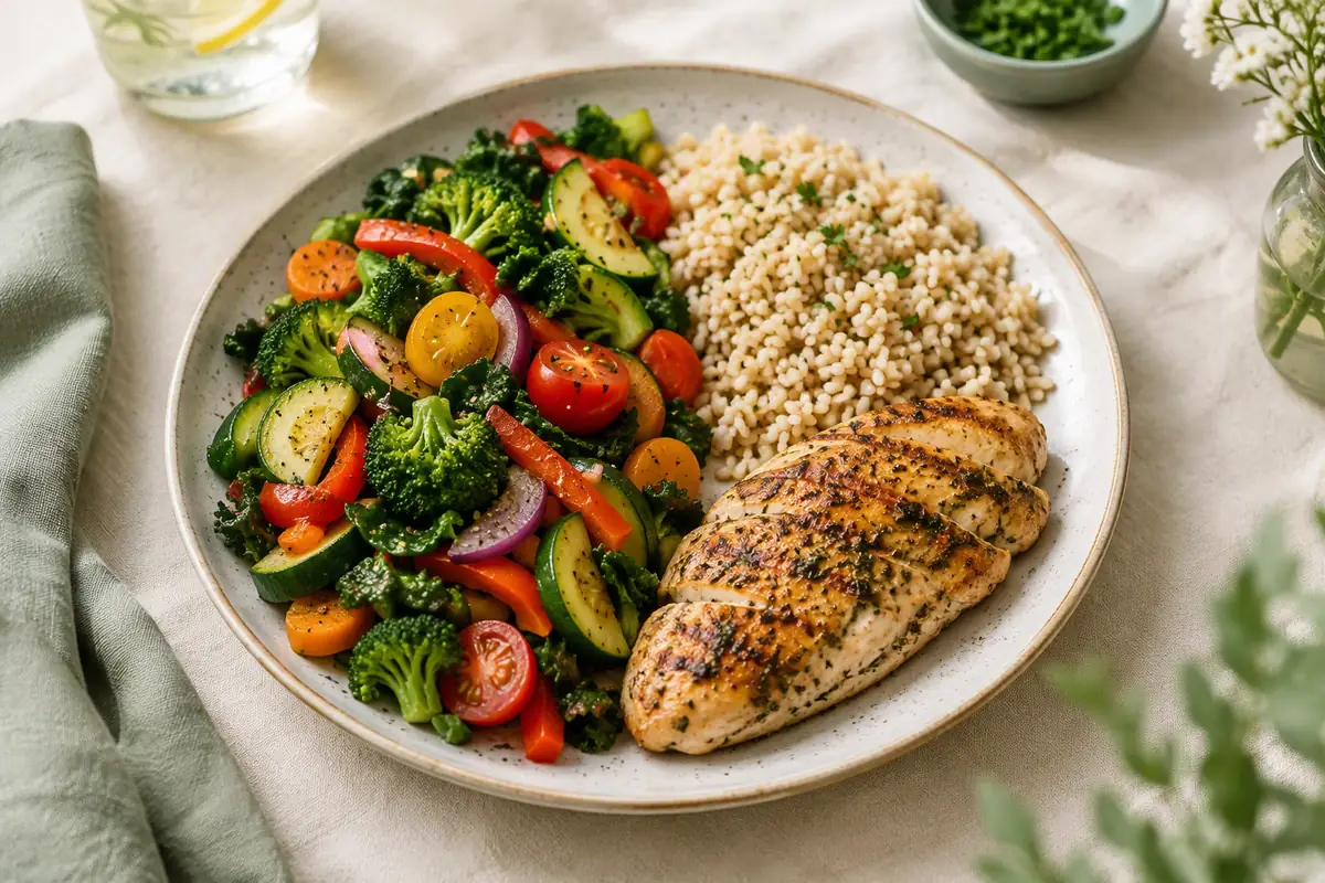 Assiette équilibrée vue de dessus : légumes, poulet grillé et riz complet