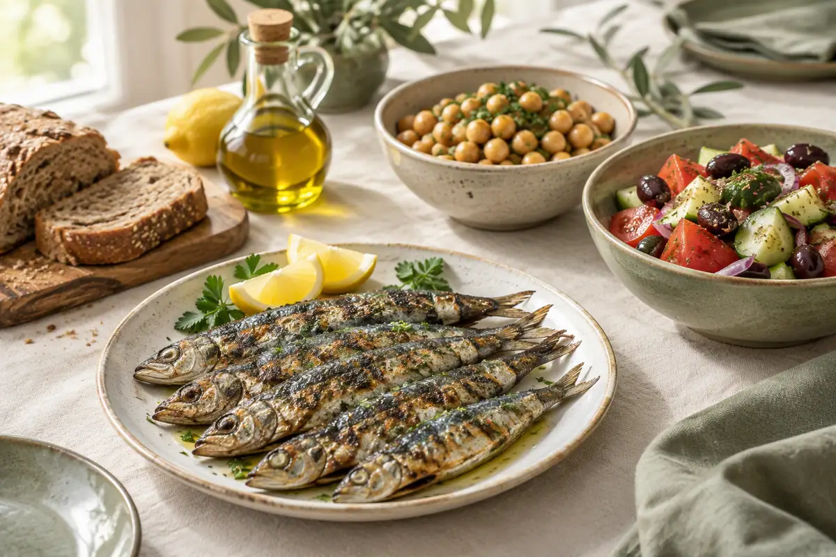 Repas méditerranéen : sardines grillées, salade de tomates et olives, pois chiches et pain complet