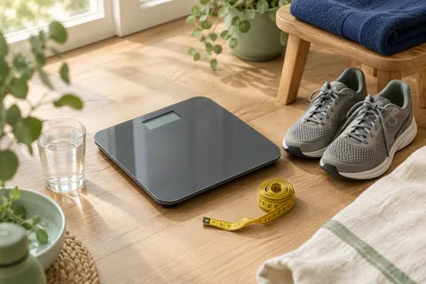 Pèse-personne gris foncé sur un parquet clair, entre un verre d'eau, un mètre ruban jaune et une paire de baskets grises : de quoi mesurer taille et poids pour calculer son IMC