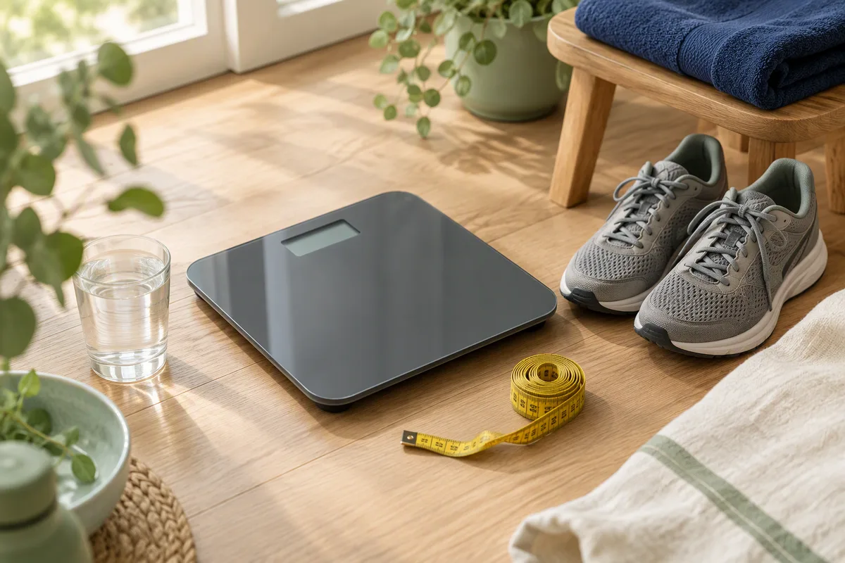 Pèse-personne gris foncé sur un parquet clair, entre un verre d'eau, un mètre ruban jaune et une paire de baskets grises : de quoi mesurer taille et poids pour calculer son IMC