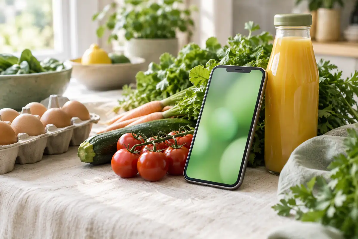 Téléphone posé sur un plan de travail à côté de légumes frais, d'œufs et d'un jus