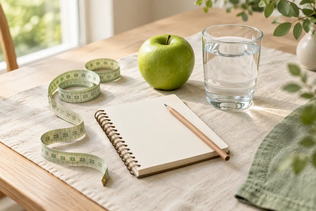 Mètre ruban, carnet, crayon, pomme verte et verre d'eau sur une table en bois clair