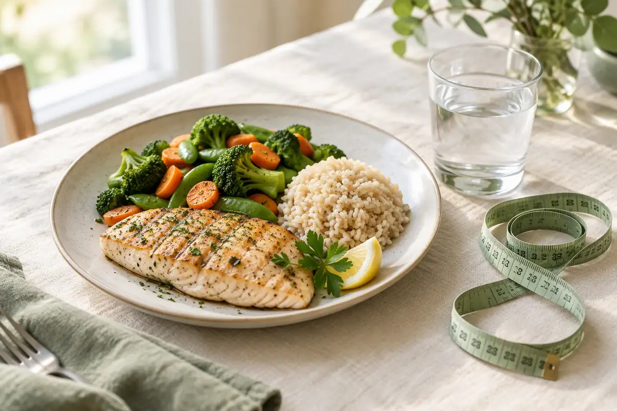 Assiette équilibrée en portion modérée avec poisson grillé, légumes et riz, à côté d'un mètre ruban