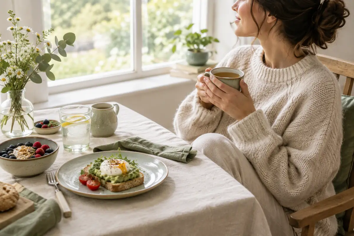 Personne détendue tenant une tasse de thé près d'une fenêtre, un petit-déjeuner léger sur la table