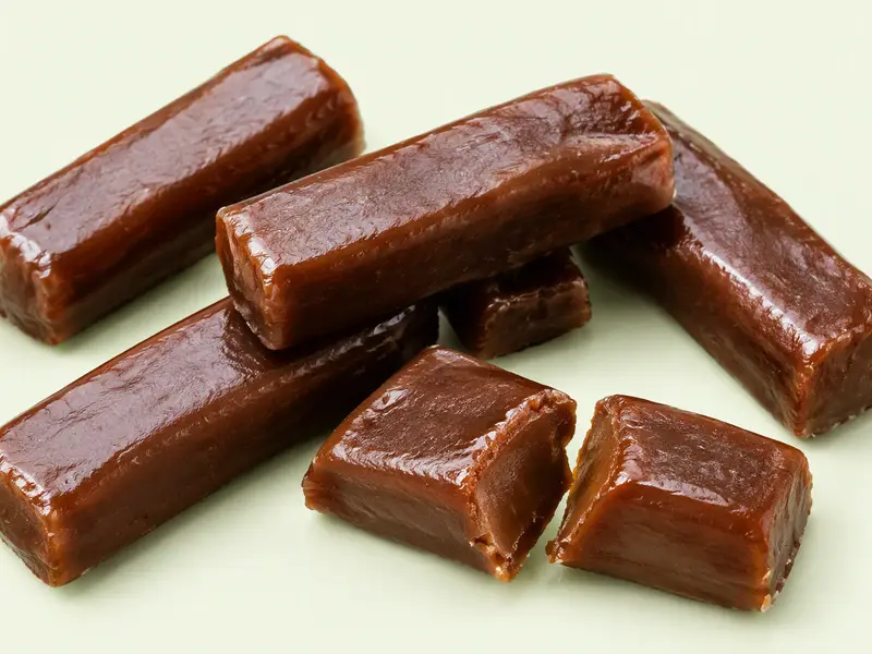 Barres de caramel brun foncé sans emballage, dont une cassée en deux, illustration du Carambar Caramel