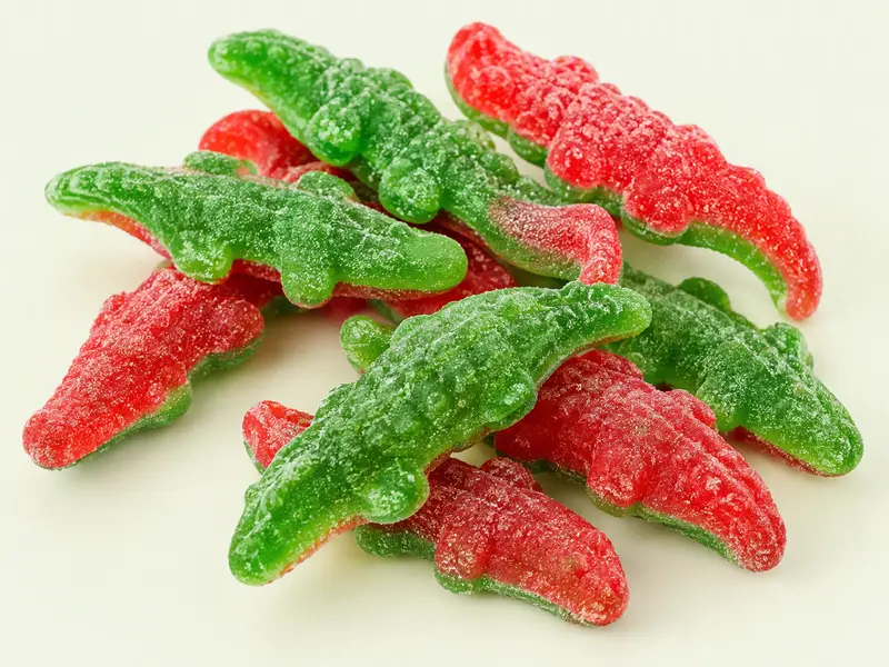 Bonbons gélifiés en forme de crocodile, verts et rouges, recouverts de sucre, illustration des Croco